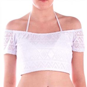 Aqua Blu Luxe Lace Crop Top White A6049LX