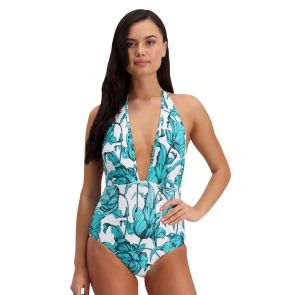 FINAL SALE Moontide Mono Bloom Halter Plunge Swim Suit M4250MB Aqua