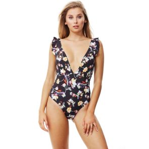 FINAL SALE Piha Angelica Deep V Ruffle Swim Suit P4421AG Black