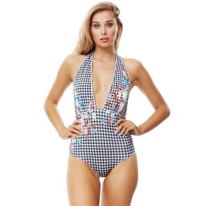 FINAL SALE Piha Bloom Deep V Halter Swim Suit P4786BM Multi