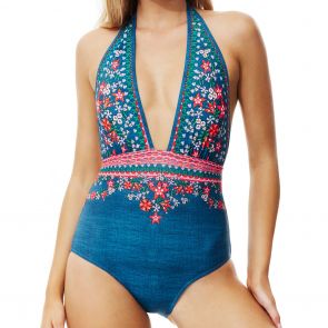 Piha Glastonbury Deep V Halter Swim Suit P4786GY Denim