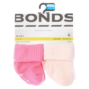 Bonds Baby Bamboo Cuff 4 Pack R41354 Pink/Soft Pink/White/Grey