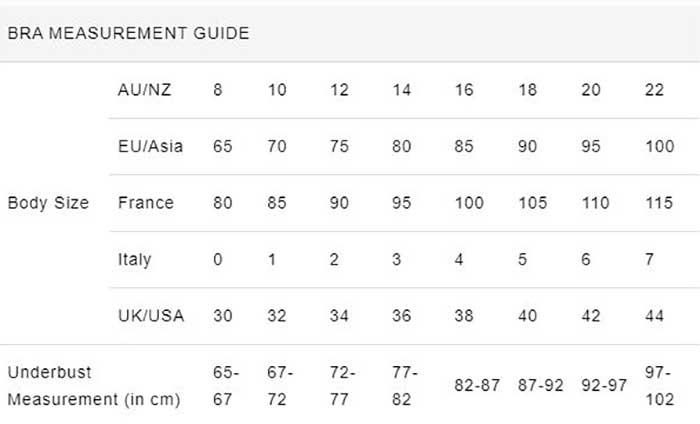 HK Intimates Bra Size Chart