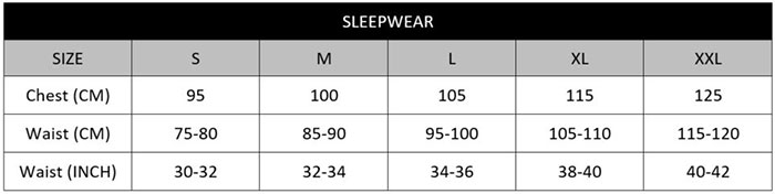 Mitch Dowd Sleepwear Size Chart