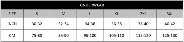 Mitch Dowd underwear Sizechart